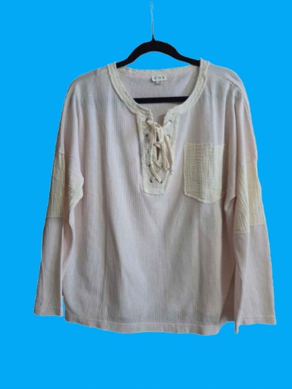POL Lace-Up Waffle Top in Blush with Cream Accents